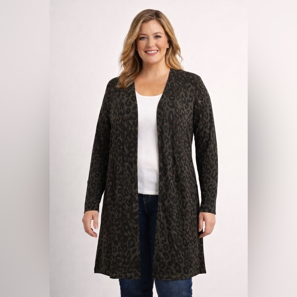 Terra & Sky Womens Plus Sz 0X 14W Cardigan Leopard Animal Print Camo Green Black